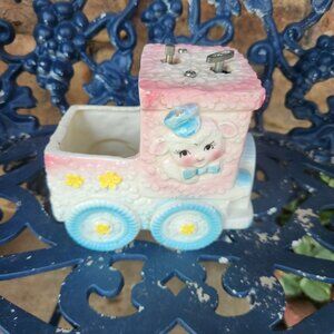 VTG Ceramic Baby Planter Music Box Bassinet Nancy Pew Japan Train Lamb
